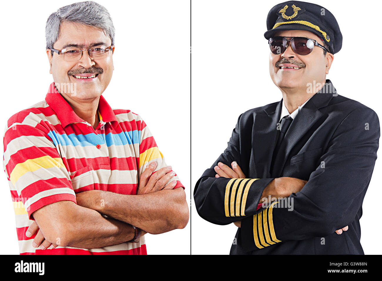 2 Personen erwachsene Mann aspiration Vergleich kontrast Bestimmung pilot Senior lächelnd stehen Stockfoto