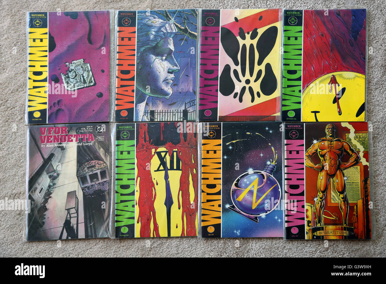 Sammlung von Oldtimer Dc Comics Watchmen und V wie Vendetta Stockfoto