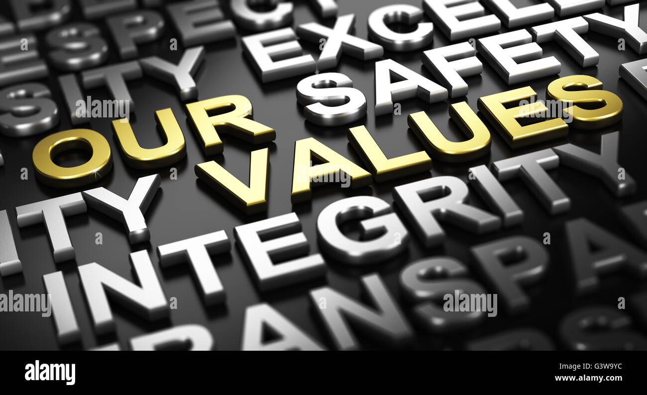 3D Darstellung auf schwarzem Hintergrund. Text unserer Werte geschrieben mit goldenen Buchstaben mit anderen Worten wie Sicherheit oder Integrität der Wri Stockfoto