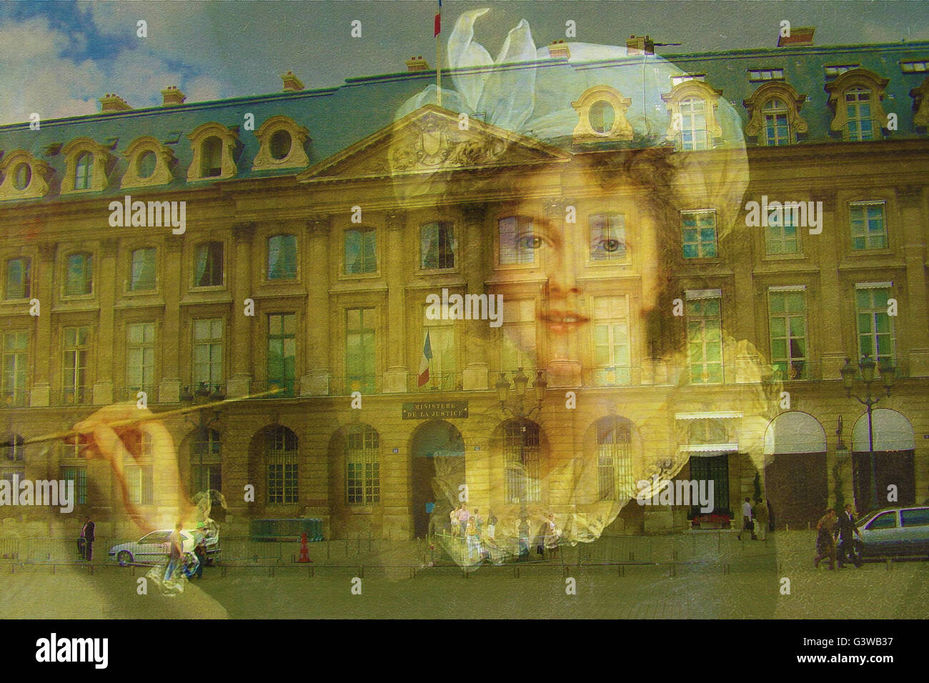 Porträt der Frau des XVIII Jahrhunderts auf Grund der modernen Stadt von Paris im Stil des Bildes von Ölfarben gemalt Stockfoto