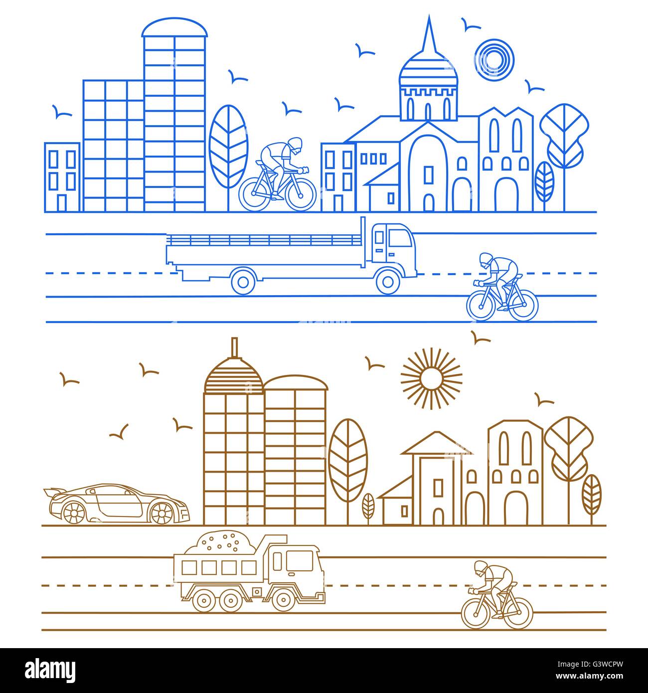 Stadt Abbildung Vögel, Gebäude, Kathedralen Stock Vektor