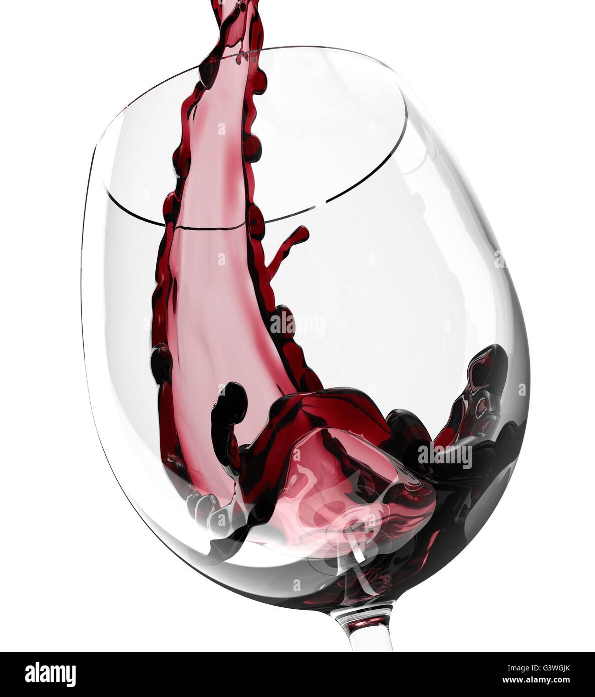 Weinglas mit Spritzwasser isoliert auf weiss Wein Stockfoto