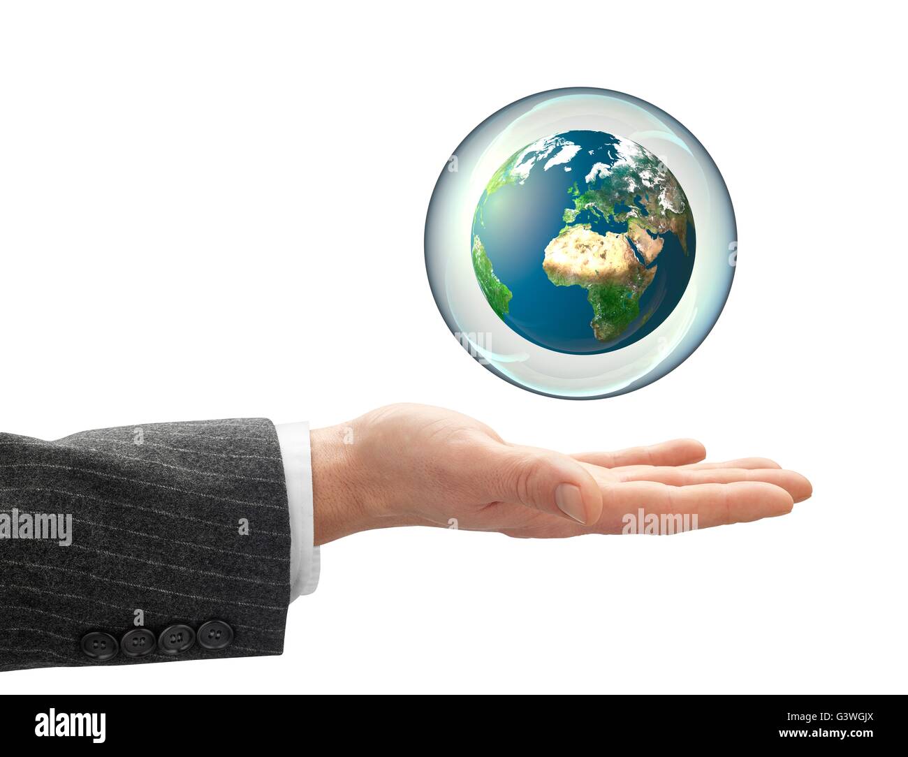 Business Hand Holding Globus in Bubble-Erde-Textur-Maps mit freundlicher Genehmigung von NASA Visible Earth Project. http://visibleearth.NASA.gov Stockfoto