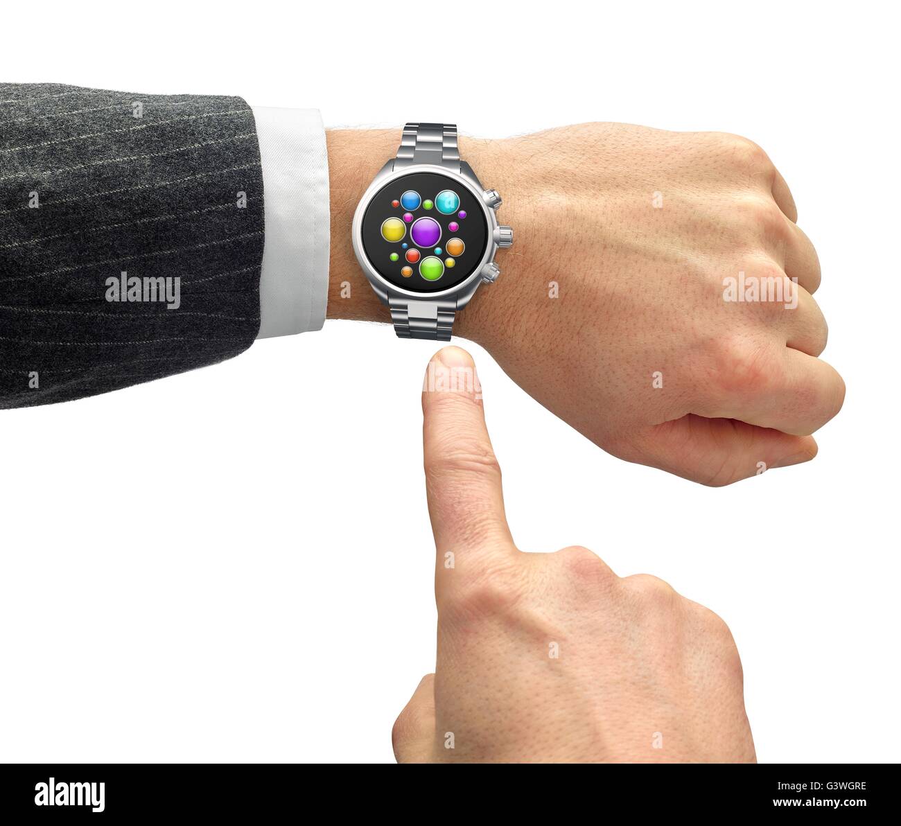 Hand mit smart Watch und Finger Touch-Screen isoliert auf weiss Stockfoto