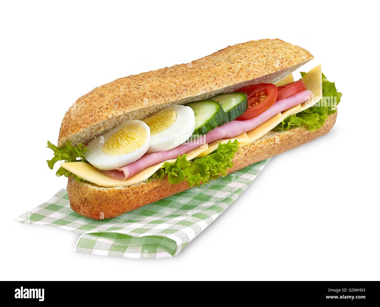 Sandwich mit Beschneidungspfad isoliert auf weiss mit einer Serviette Stockfoto