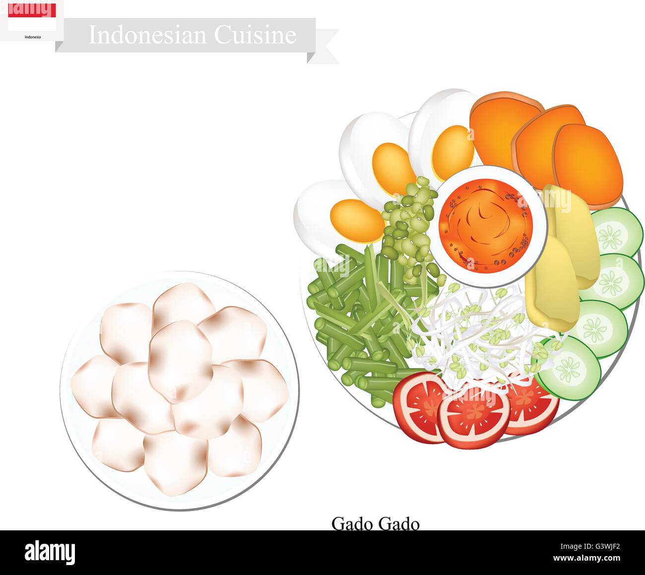 Indonesische Küche, Gado Gado oder traditionelle Gemüsesalat mit Erdnuss-Sauce, eines das beliebteste Gericht Indonesiens. Stock Vektor