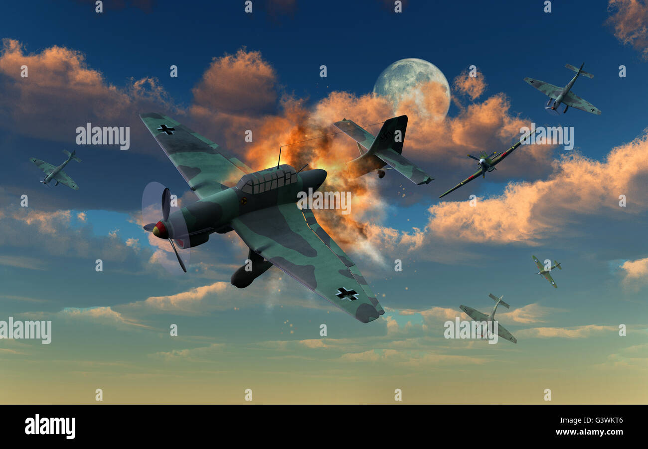 RAF Hawker Hurricanes deutsche Ju 87 Stuka Dive Bomber angreifen. Stockfoto