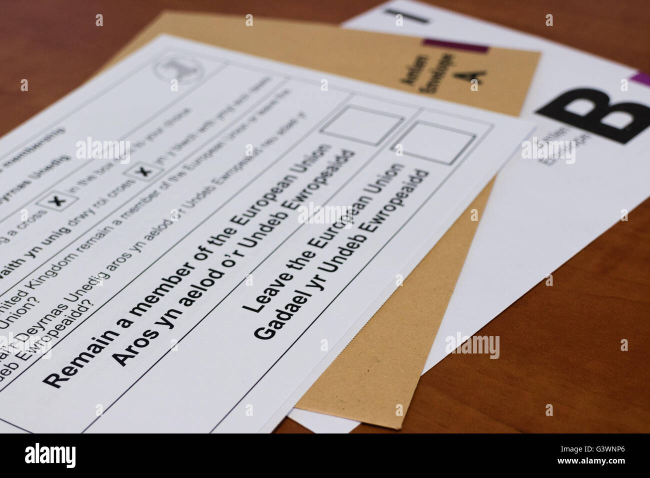 Eine zweisprachige (Welsh/Englisch) Briefwahl Papier für 2016 EU-Referendum in Großbritannien. Briefwahl Papiere begann in ankommen Stockfoto