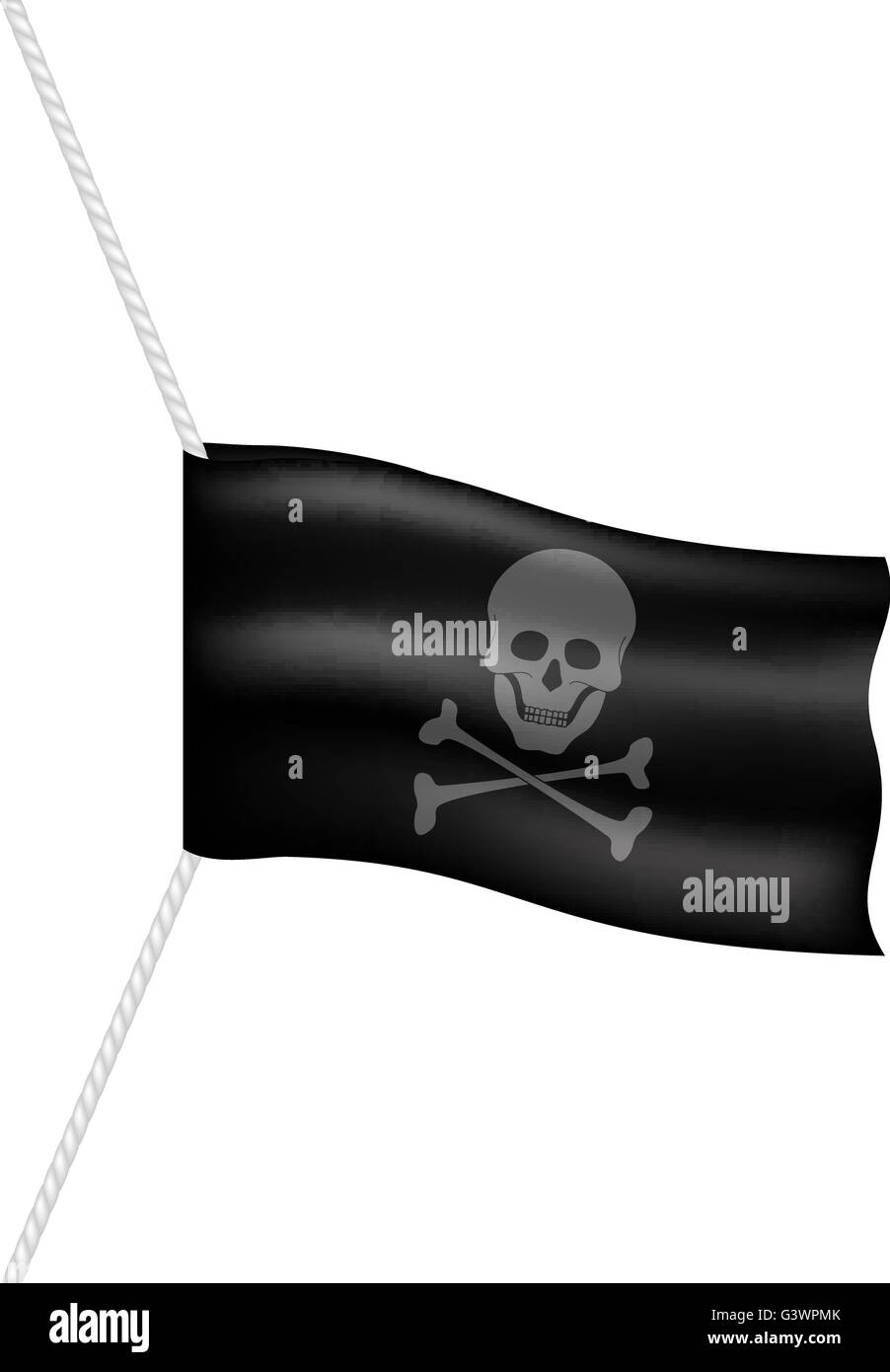 Piratenflagge mit Totenkopf-Symbol an weißen Seil hängen Stock Vektor