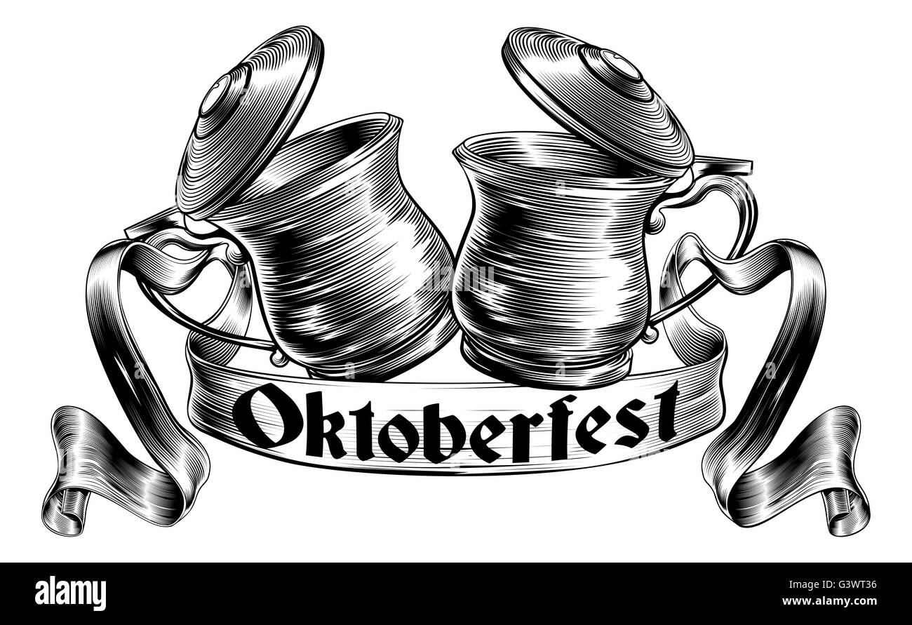 Oktoberfest-Darstellung der traditionellen Bierkrug oder Humpen Ecksteine zusammen in einem Prost Toast mit Banner oder Blättern in einem w Stockfoto