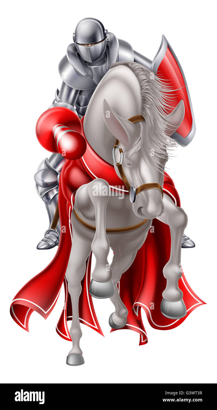 Mittelalterliche Ritter auf einem weißen Aufzucht, laufen oder springen Pferd hält eine Lanze bereit für Ritterturniere Stockfoto