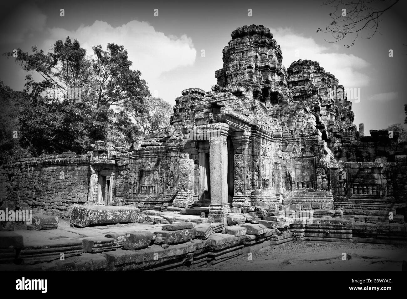 Kontrastreiche schwarz-weiß alten buddhistischen Stein Tempel von Banteay Kdei, Kambodscha Stockfoto