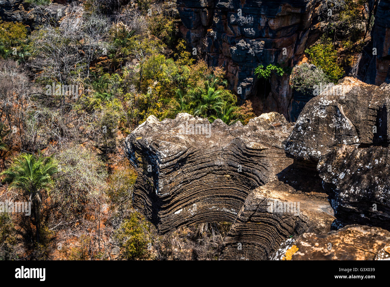 Lapa Doce Höhle von außen mit gefallenen Dach der Höhle - Dolina - Chapada Diamantina, Bahia, Brasilien Stockfoto