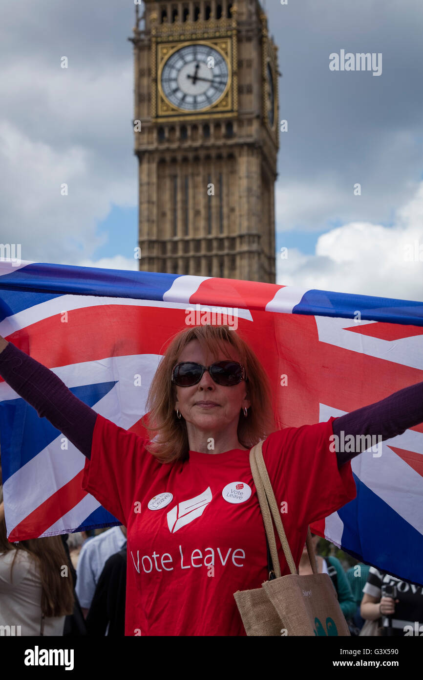 Stimmen Sie lassen-Demonstrator auf Westminster Bridge vor Big Ben demonstrieren für Menschen stimmen, Europa zu verlassen ab. Stockfoto