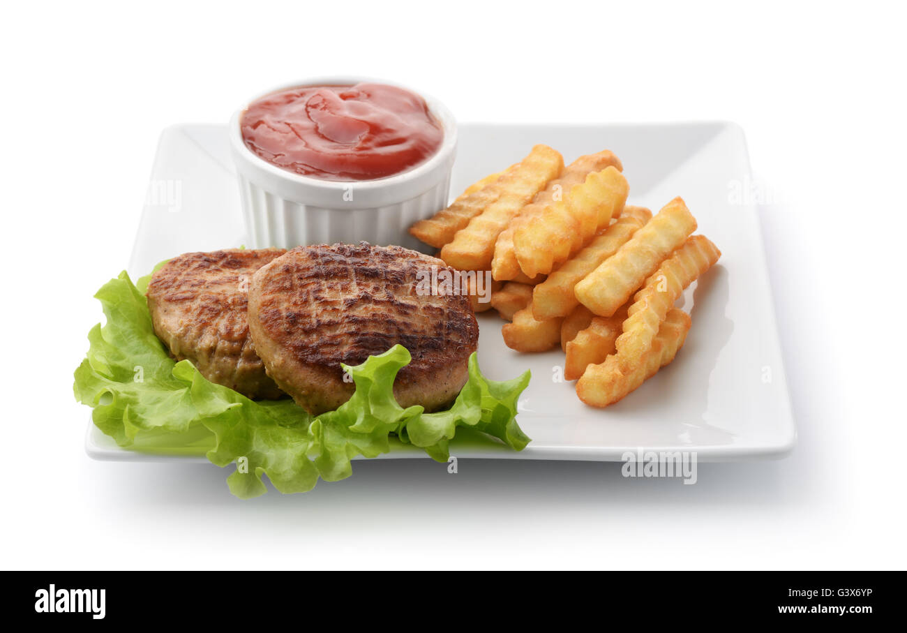 Fried-Burger mit Pommes frites, isoliert auf weiss Stockfoto