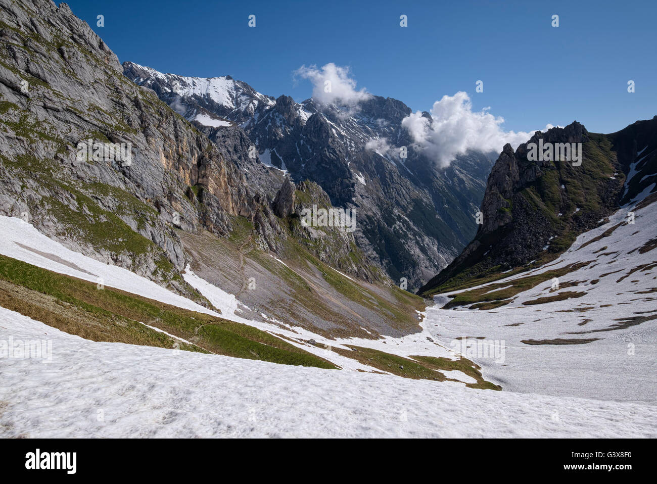 Wanderweg von Ehrwald zum Gatterl mit Schneefelder, Tirol, Österreich Stockfoto