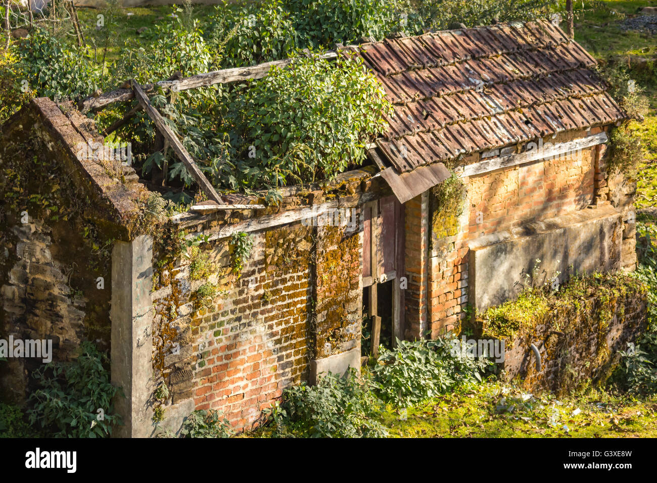 Ein sehr altes Haus mit dem Rasen auf dem Dach im Nepal.People könnte es während der maoistischen Aufständischen Zeit ein paar Jahre b verlassen haben Stockfoto