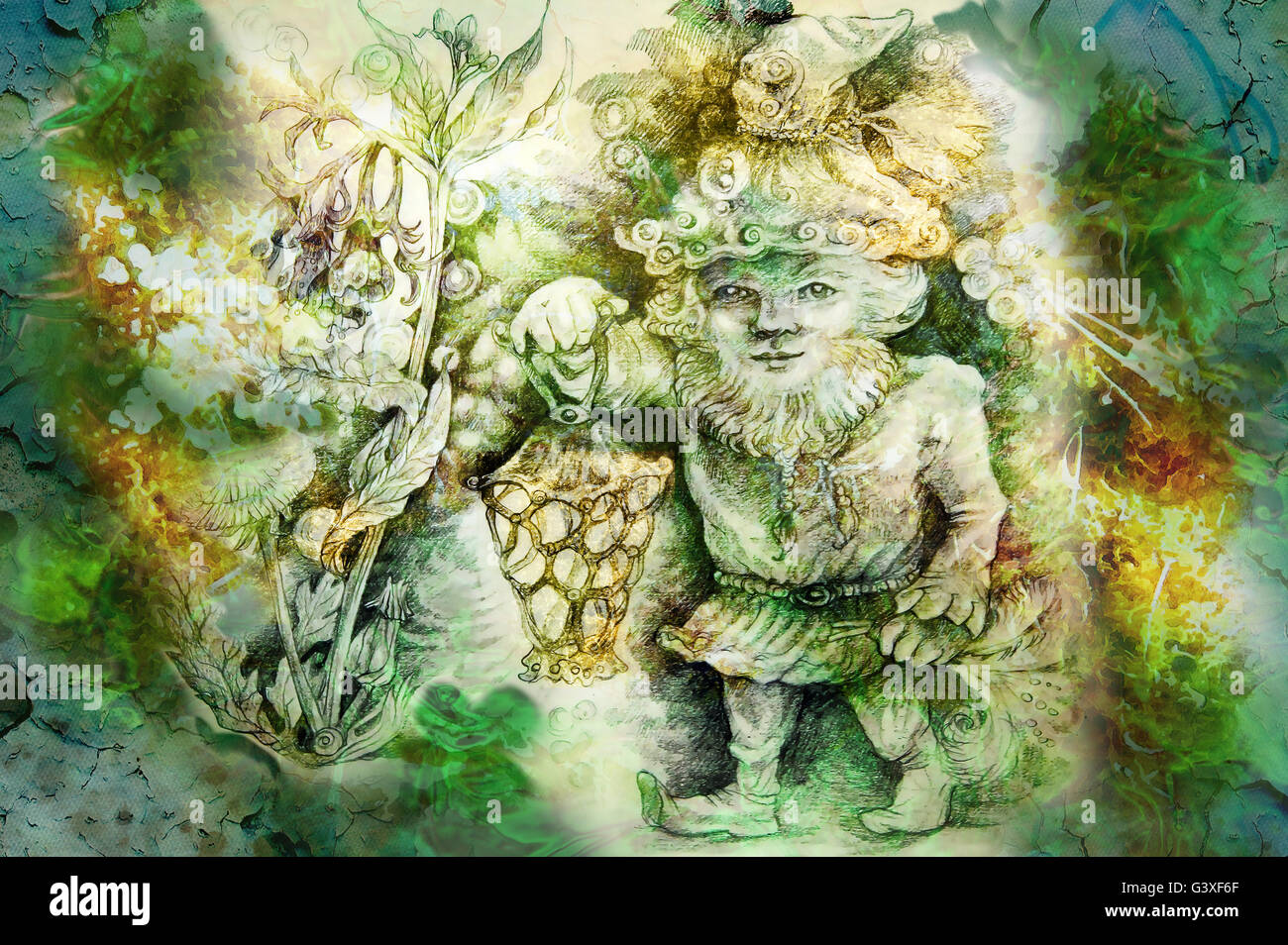 Zeichnung der Gartenzwerg mit Laterne und Heilkräuter Stockfoto