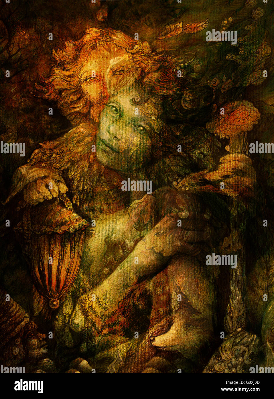 zwei schöne Wald-Wesen, bunte detaillierte Darstellung Stockfoto