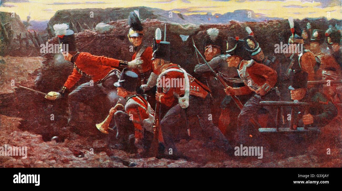 Britische Truppen bei der Belagerung von Badajoz, Spanien, im Jahre 1812 während des Unabhängigkeitskrieges. Nach dem Gemälde von Vereker Hamilton. Stockfoto