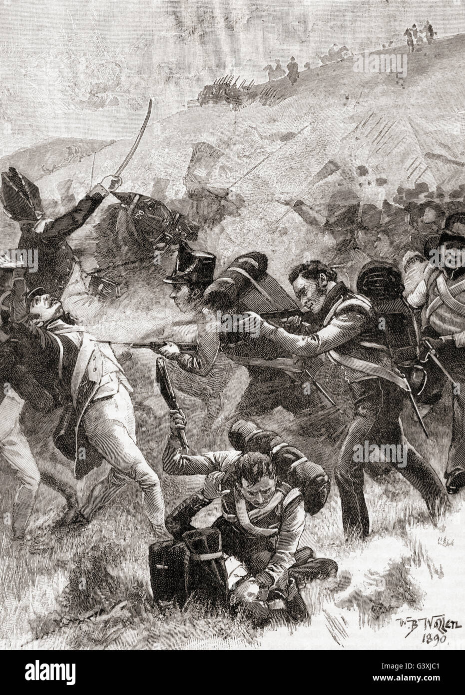 Britische Füsiliere in der Schlacht von Albuera, Spanien, 16. Mai 1811, während des Unabhängigkeitskrieges. Stockfoto