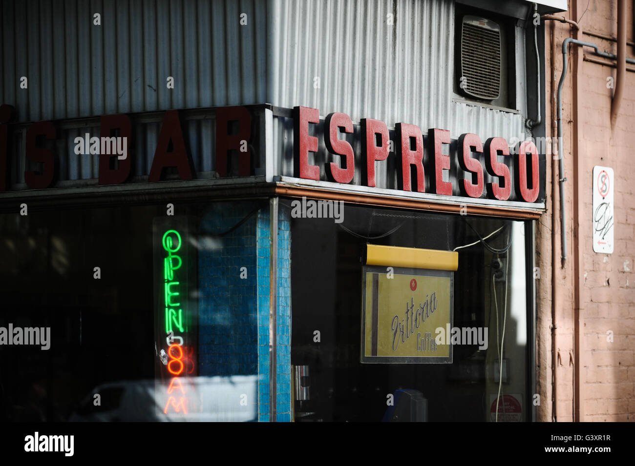 Espresso-Schild am Pellegrinis Coffee-Shop, Melbourne, Australien Stockfoto