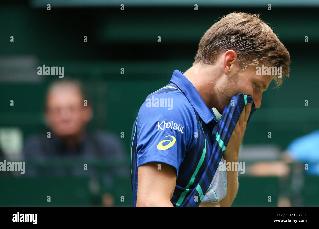 Halle, Deutschland. 16. Juni 2016. David Goffin Belgiens in Aktion gegen S. Stakhovsky der Ukraine während der ATP-Tennisturnier in Halle, Deutschland, 16. Juni 2016. Foto: FRISO GENTSCH/Dpa/Alamy Live News Stockfoto