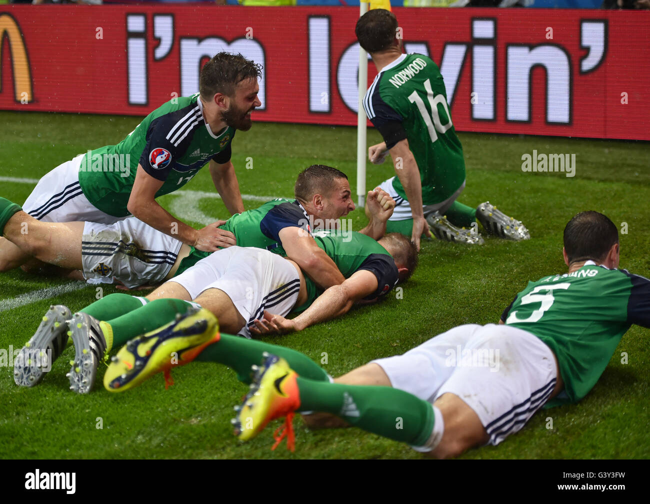 Lyon, Frankreich. 16. Juni 2016. Stuart Dallas (L-R) Conor Washington, Gareth McAuley, Oliver Norwood und Jonny Evans von Nordirland feiert nach 0:1 von McAuley bei der UEFA Euro 2016 Gruppe C Fußball match Ukraine und Nordirland am Stade de Lyon in Lyon, Frankreich, 16. Juni 2016. Foto: Uwe Anspach/Dpa/Alamy Live News Stockfoto