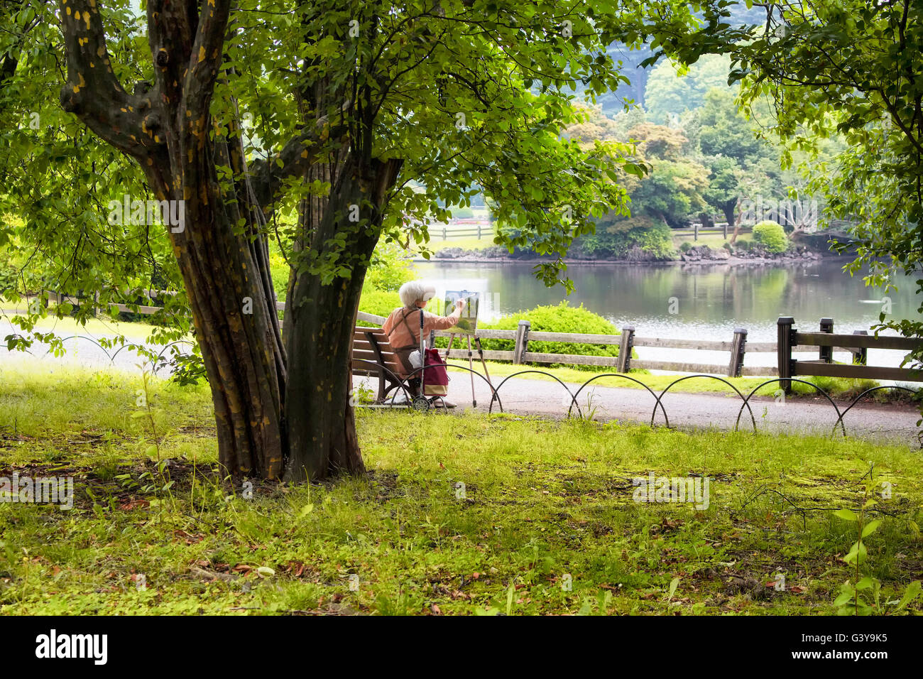 Tokio - Mai 2016: Alte Frau malt im Shinjuku Garden am 28. Mai 2016 Stockfoto