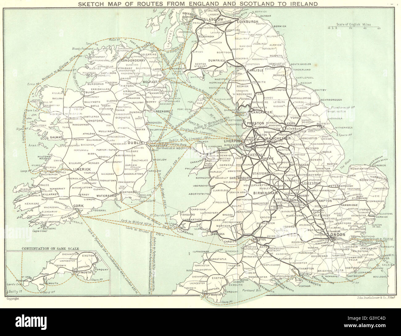 BRITISCHEN Inseln: Kartenskizze der Routen von England & Schottland nach Irland, 1906 Stockfoto