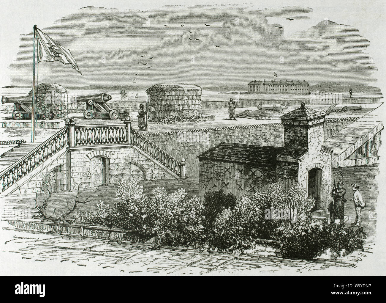 USA. Amerikanischer Bürgerkrieg (1861-1865). Verteidigung der Multrie Fort und Fort Sumter im Jahre 1861. South Carolina. Gravur. Stockfoto