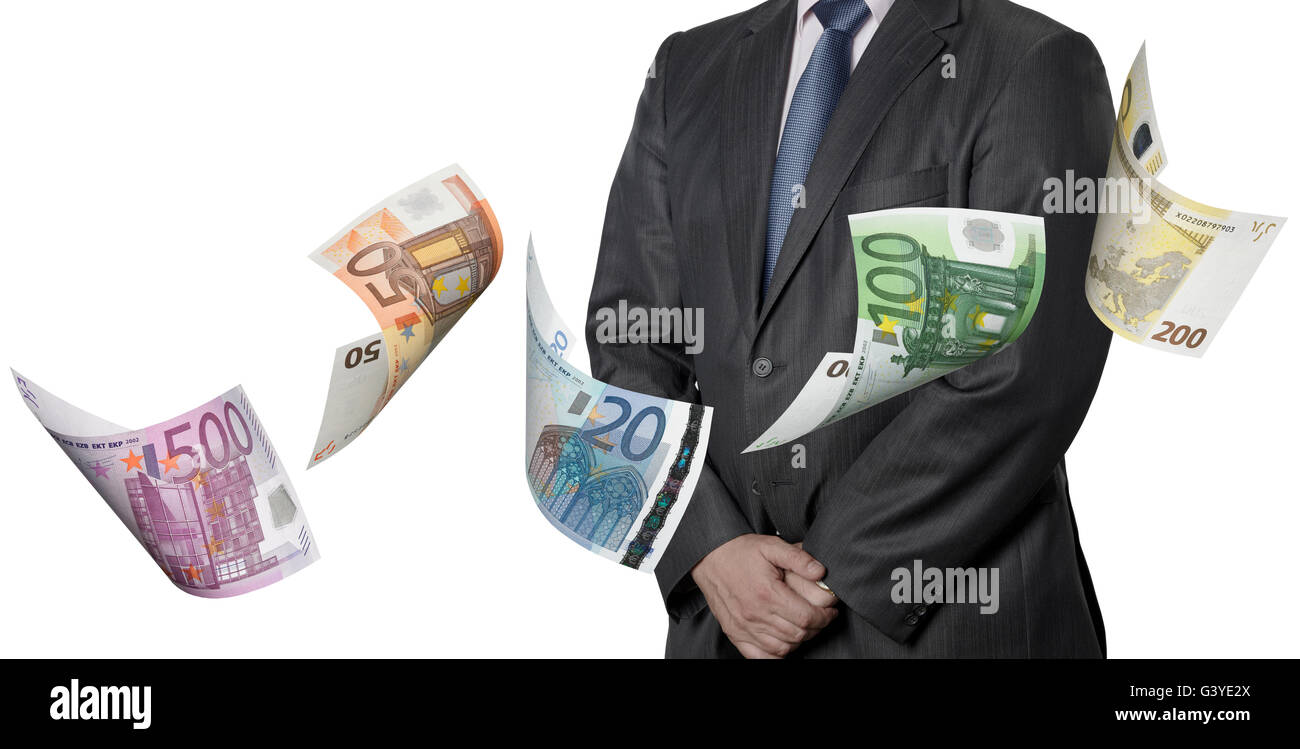 Im Finanzbereich mit Euro und Dollar Rechnungen isoliert auf weiss Stockfoto