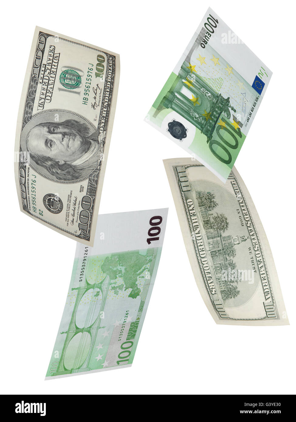Hundert Euro und Dollar bill Collage isoliert auf weiss. Hochformat Stockfoto