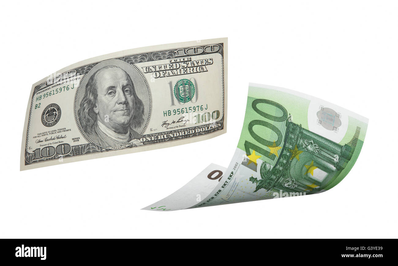 Hundert Euro und Dollar bill Collage isoliert auf weiss. Querformat Stockfoto