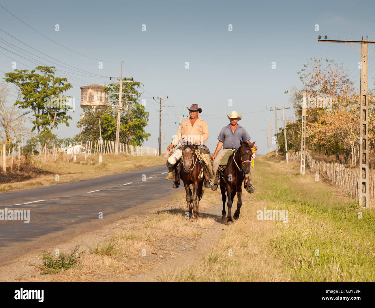 Zwei Bauern mit Pferden auf der Straße in Kuba Stockfoto