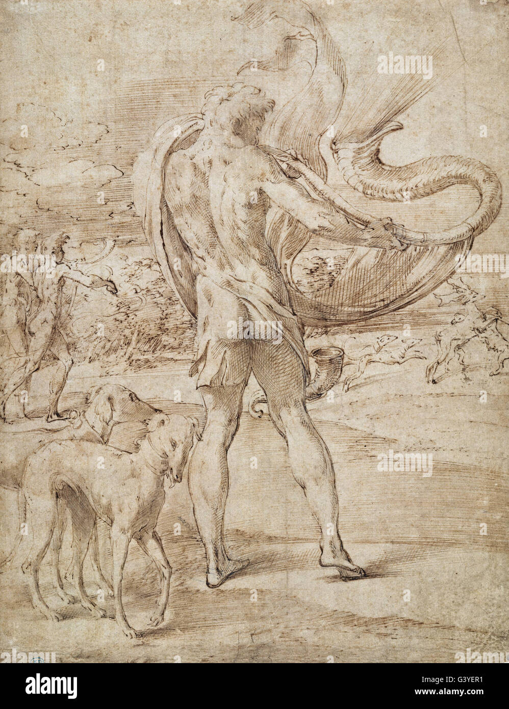 Parmigianino - Jäger sein Horn mit einer Staghunt in der Ferne Klang Stockfoto