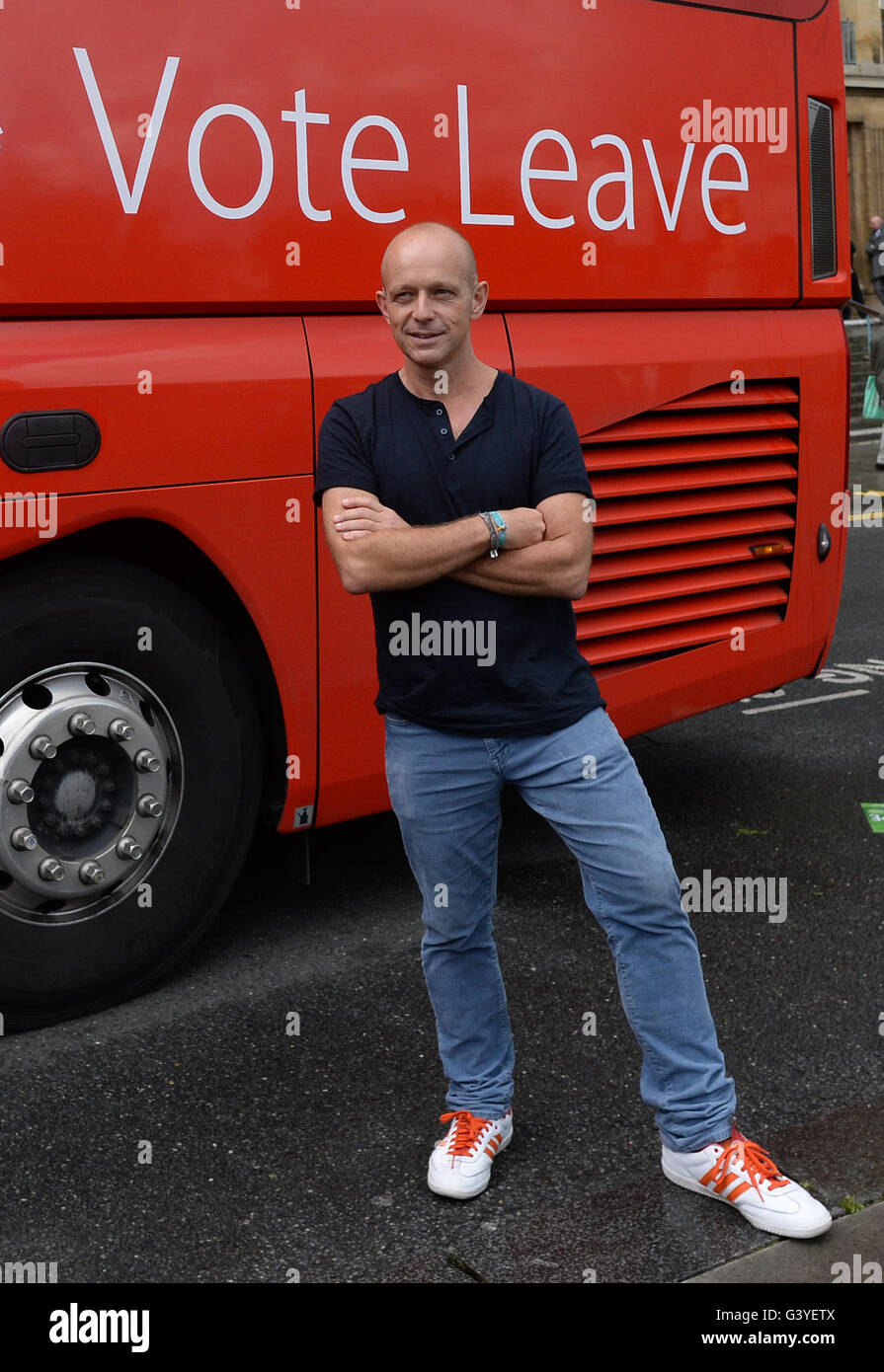 Ehemaliger Berater von Premierminister David Cameron, Steve Hilton, trat Boris Johnson MP in Norwich, Norfolk, wo er im Auftrag der EU-Abstimmung verlassen Kampagne einsetzt. Stockfoto
