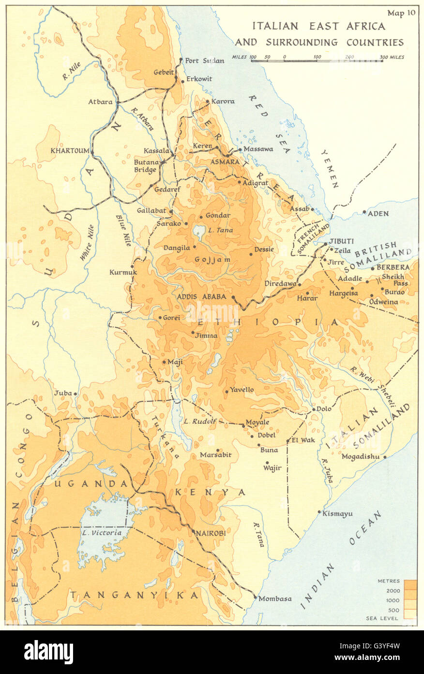 ABESSINIEN Äthiopien: Italienisch-Ostafrika & umliegenden Ländern. WW2, 1954-Karte Stockfoto