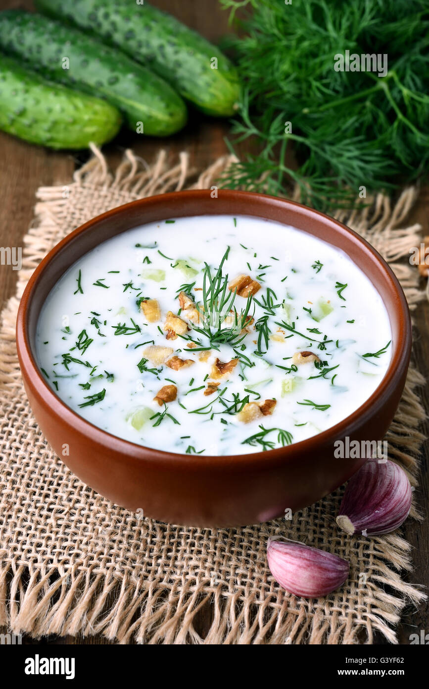 Sommer-Joghurt kalte Suppe mit Gurken, Nüssen und Dill, gesunde Ernährung Stockfoto