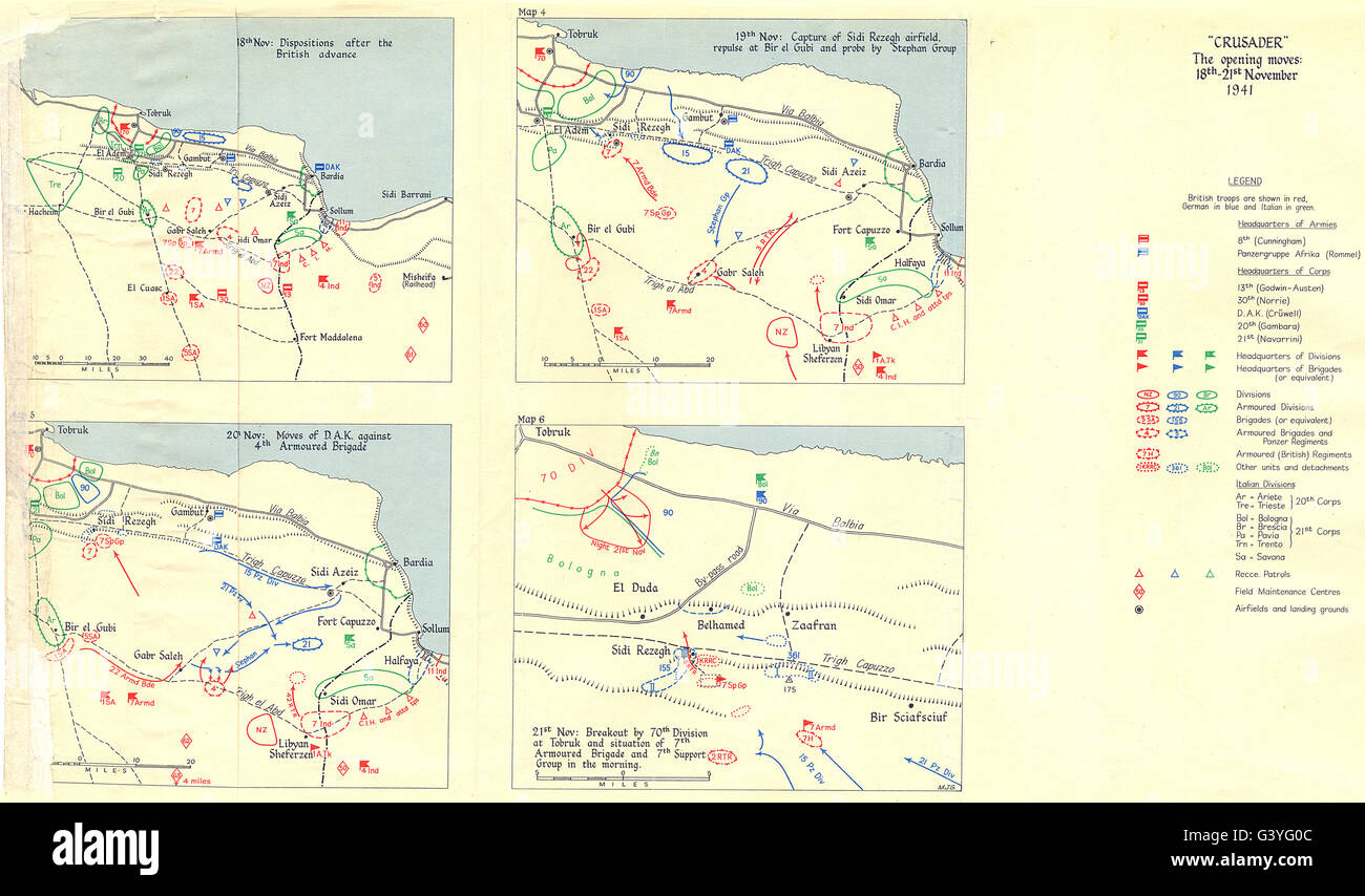 Libyen: Nov 1941 Crusader: British voraus; Sidi Rezegh; Bir el Gubi; Tobruk, 1960 Karte Stockfoto