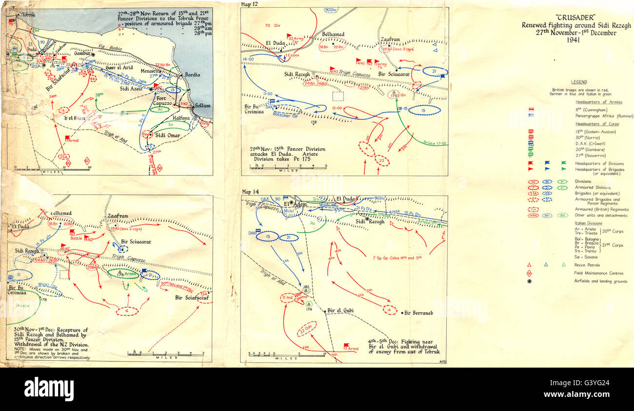 NOV-Dez 1941 CRUSADER: Tobruk Sidi Rezegh Belhamed Pt 175; Bir el Gubi, 1960 Karte Stockfoto