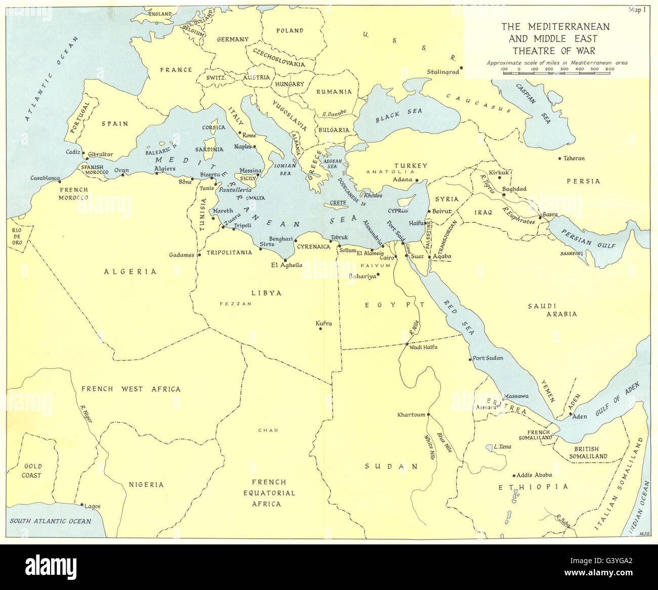 Europa: Das Mittelmeer und Kriegsschauplatz Naher Osten, 1966 Vintage Karte Stockfoto