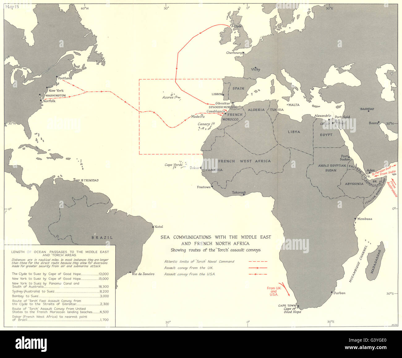 OPERATION TORCH: Sea Comms mittlerer E französische N Afrika; Angriff Konvoi Routenkarte 1966 Stockfoto