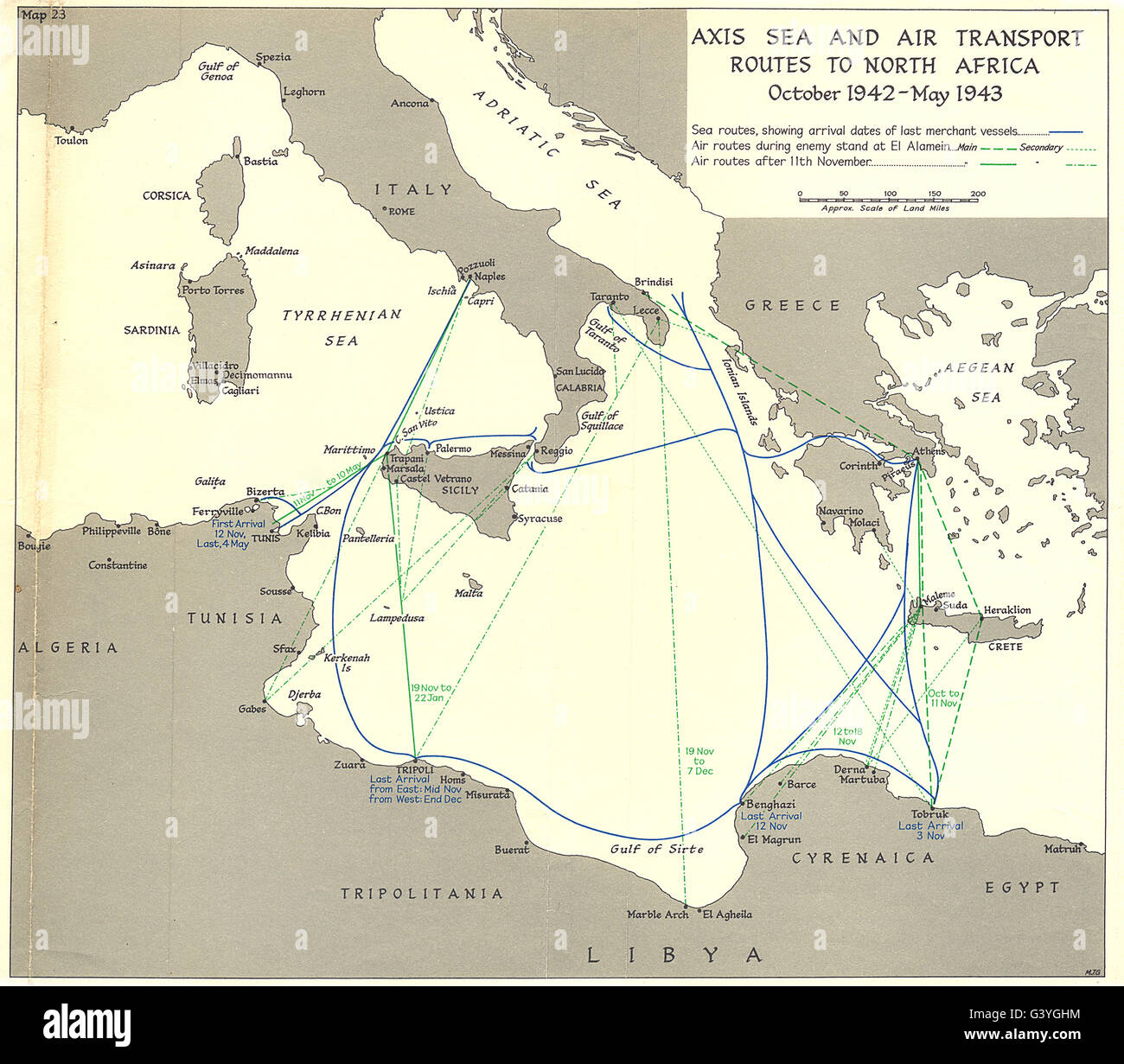 Mittelmeer: Achse Sea Air Transport Routen N Afrika Okt. 1942 bis Mai 1943 1966 Karte Stockfoto