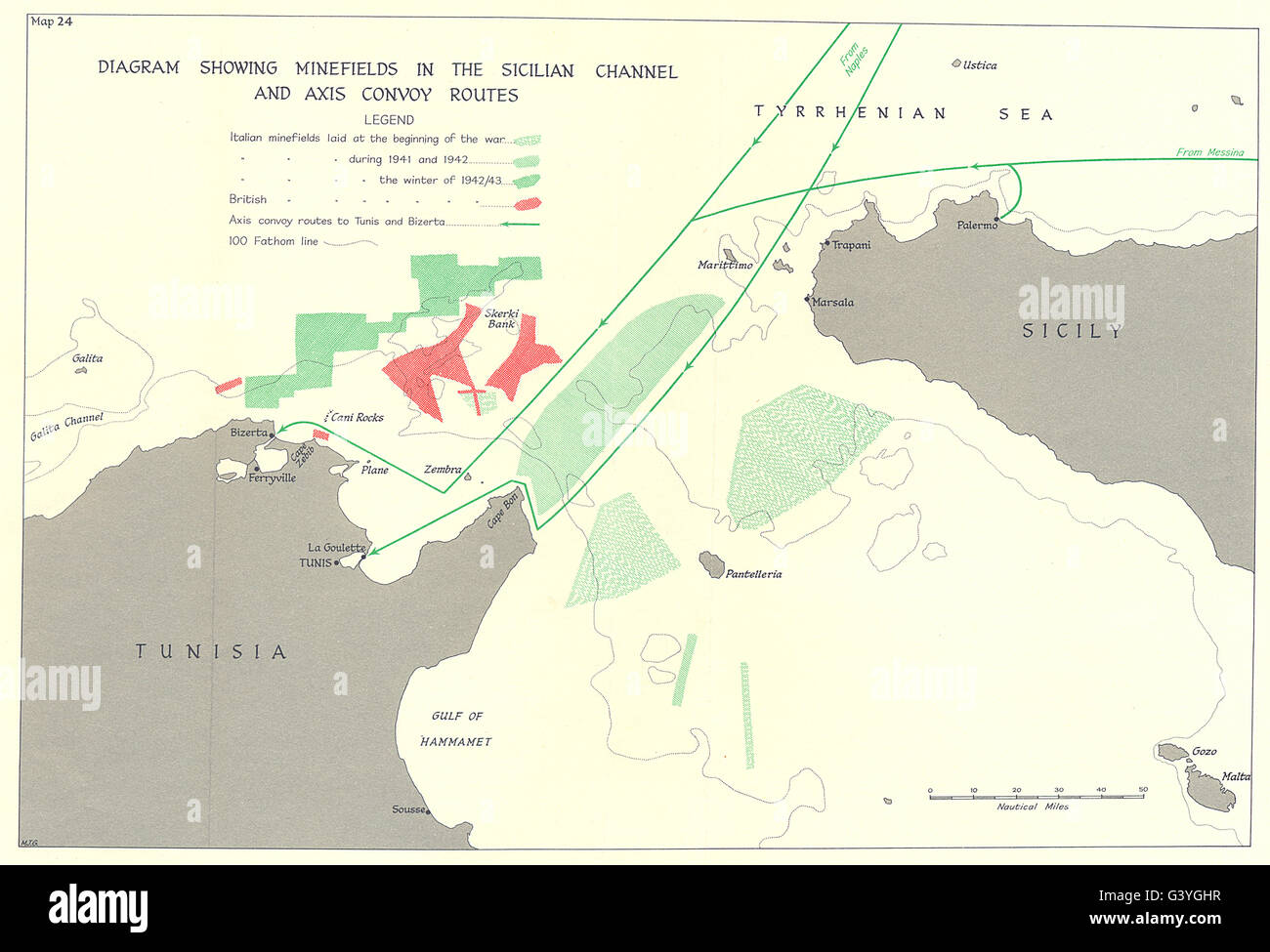 MALTA: Okt.-Dez. 1942: Minenfelder sizilianische Kanal & Achse Konvoi Routen, 1966 Karte Stockfoto