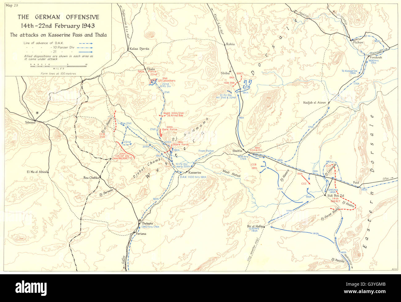 Tunesien: Februar 1943: Sidi Bou Zid; Kasserinpass: deutsche Offensive; Thala, 1966 Karte Stockfoto