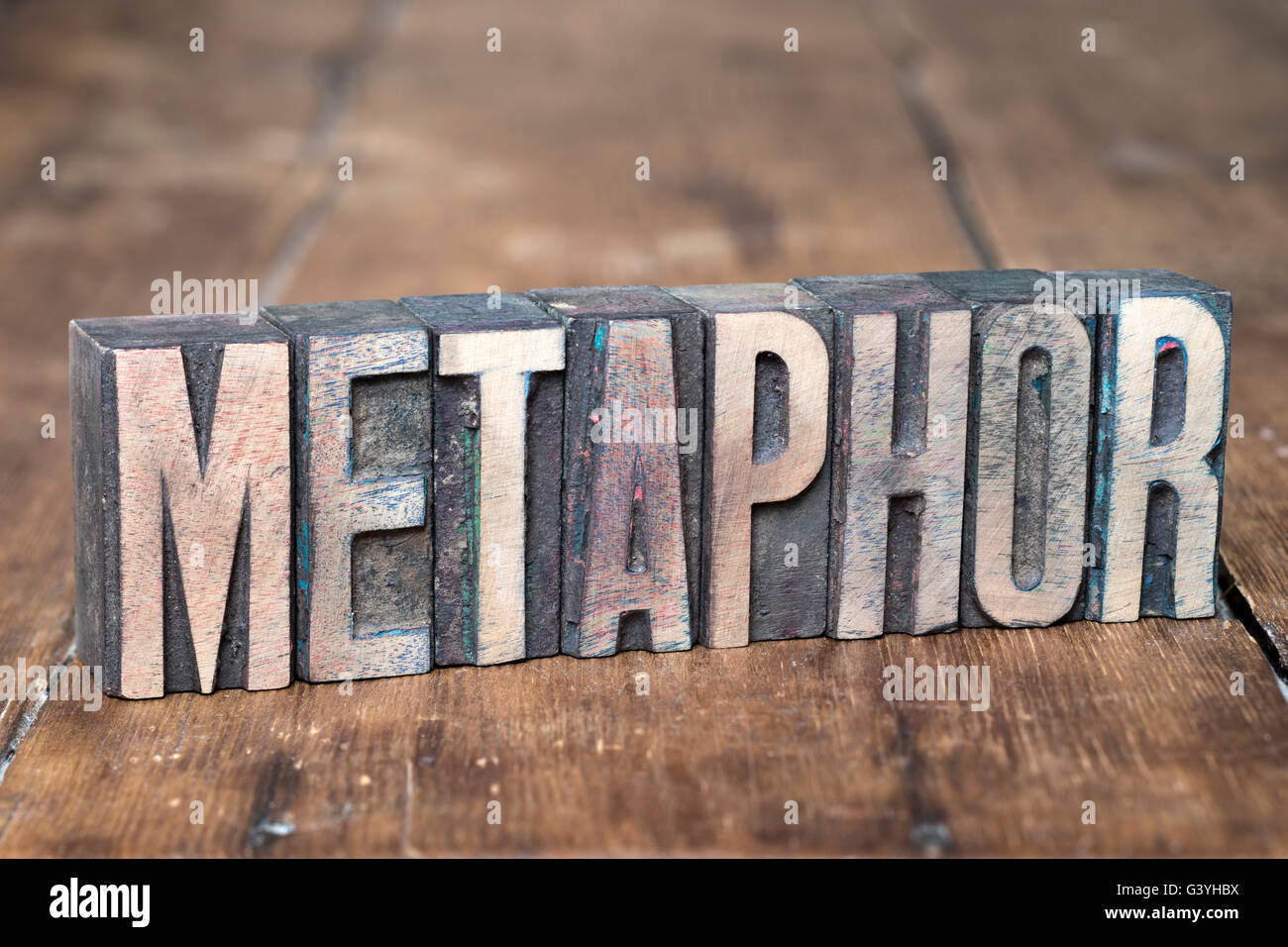 Metapher-Wort aus hölzernen Buchdruck auf Grunge Holz hergestellt Stockfoto