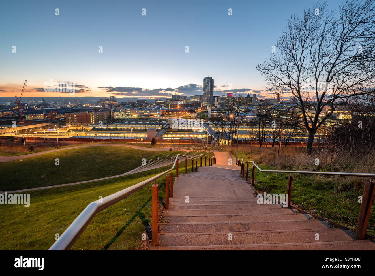 Die Skyline von Sheffield Stadtzentrum gesehen aus South Street Park oberhalb der Stadt Hauptbahnhof, South Yorkshire, England UK Stockfoto