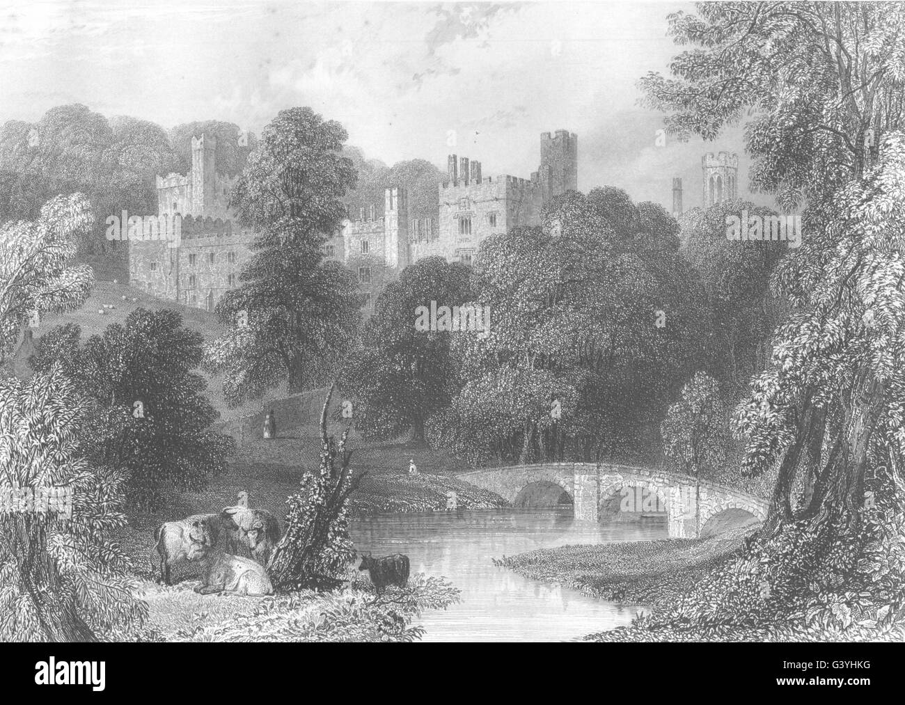 DERBYSHIRE: Haddon Hall, antiken Druck 1850 Stockfoto
