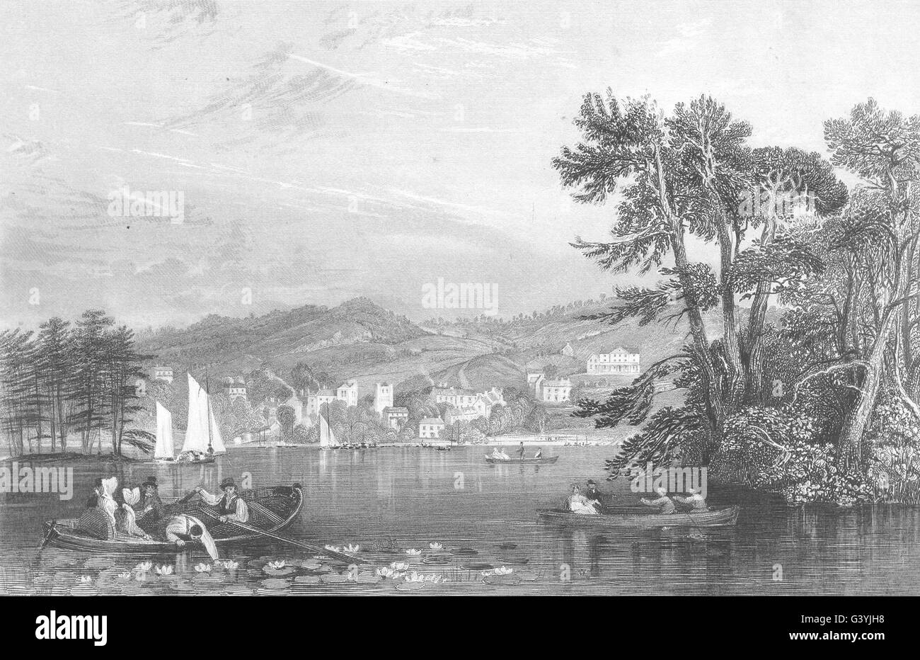 CUMBRIA: Bowness, von Belle Isle, Windermere (Allom), antique print 1832 Stockfoto